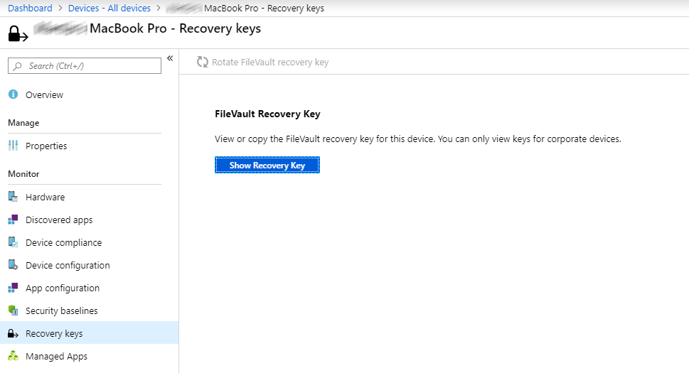 Retrieving recovery key from Company Portal